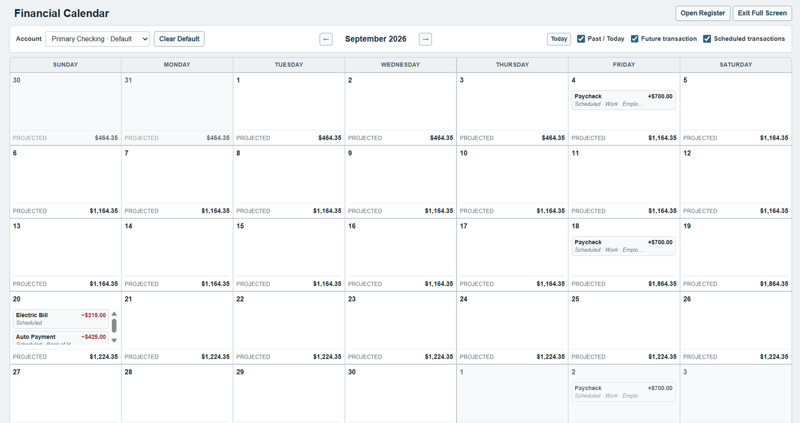 Ledger5|5 financial calendar showing projected balances and scheduled transactions