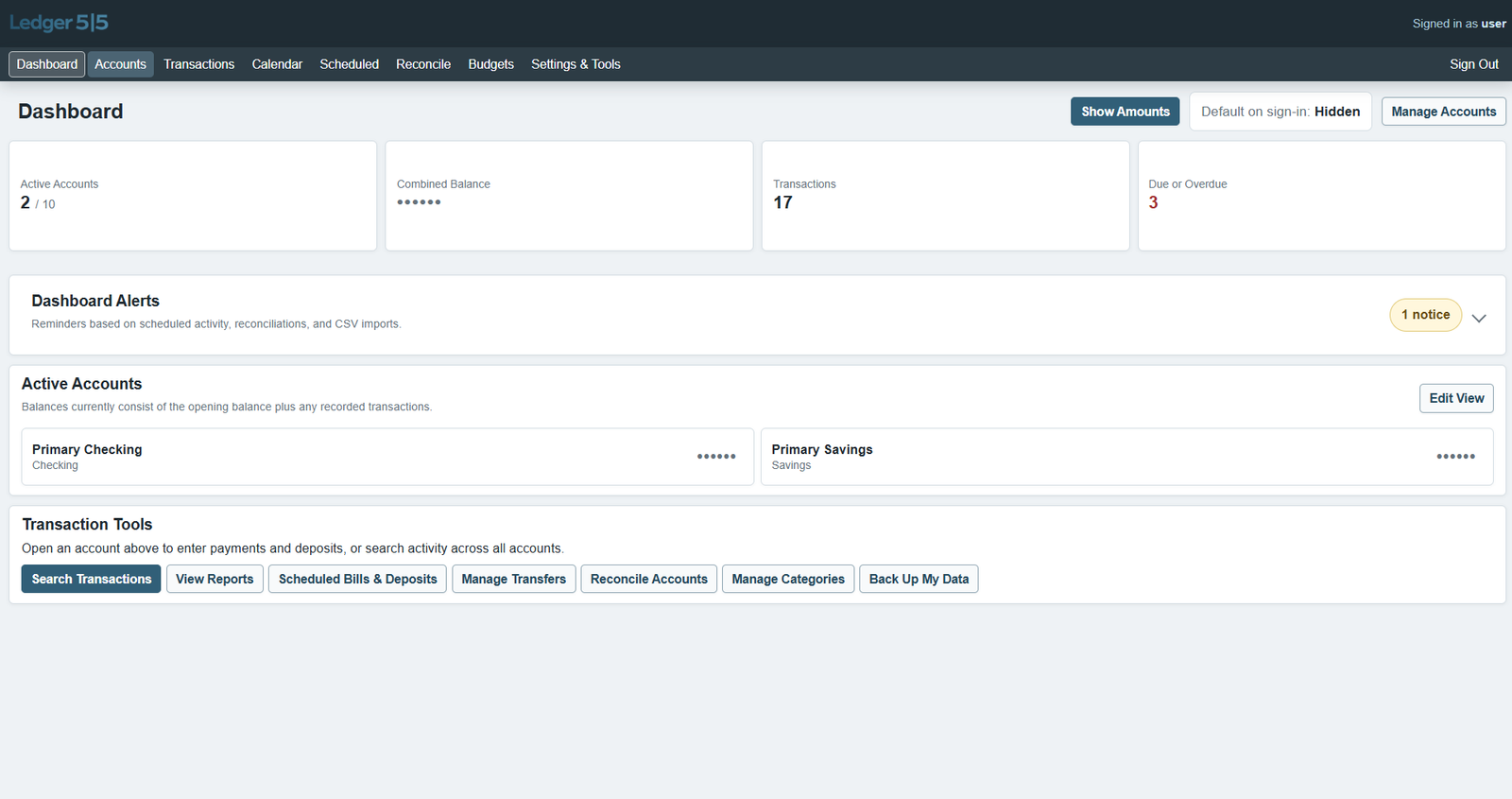 Ledger5|5 dashboard with account summaries, alerts, and transaction tools
