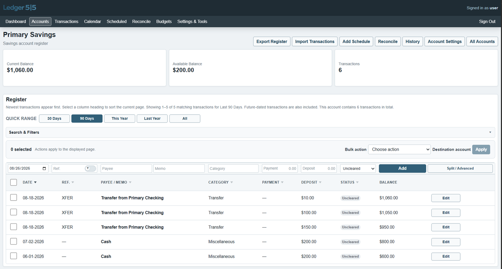 Ledger5|5 savings account register with balances and transaction history